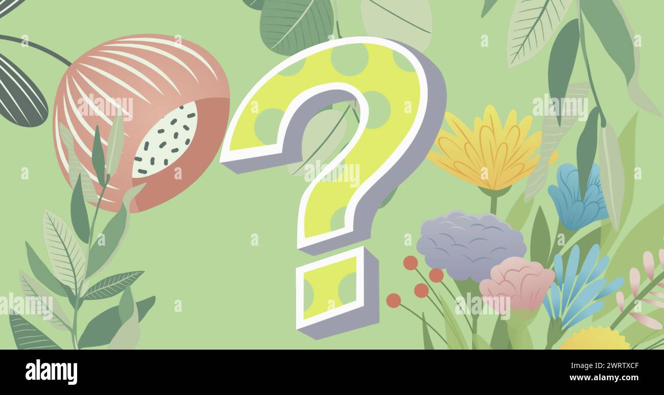 Immagine del punto interrogativo su piante e fiori su sfondo verde Foto Stock