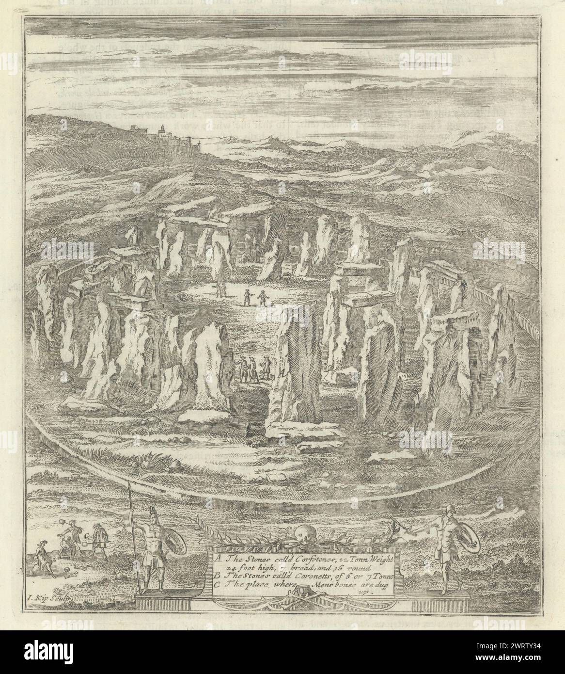 Vista di Stonehenge da Camden il Britannia da Kip 1722 antica stampa Foto Stock