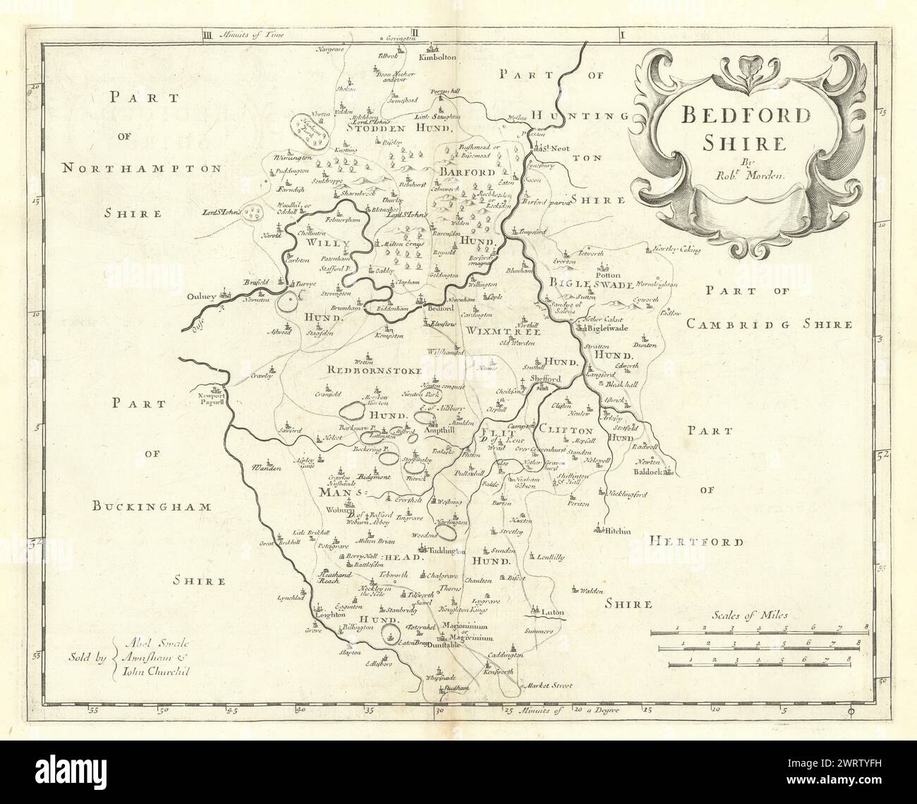 Bedfordshire. "BEDFORD SHIRE' DI ROBERT MORDEN da Camden il Britannia 1722 mappa Foto Stock