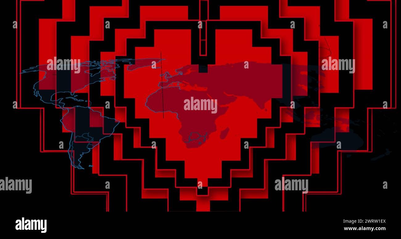 Immagine di cuori rossi, elaborazione dati su mappa mondiale Foto Stock