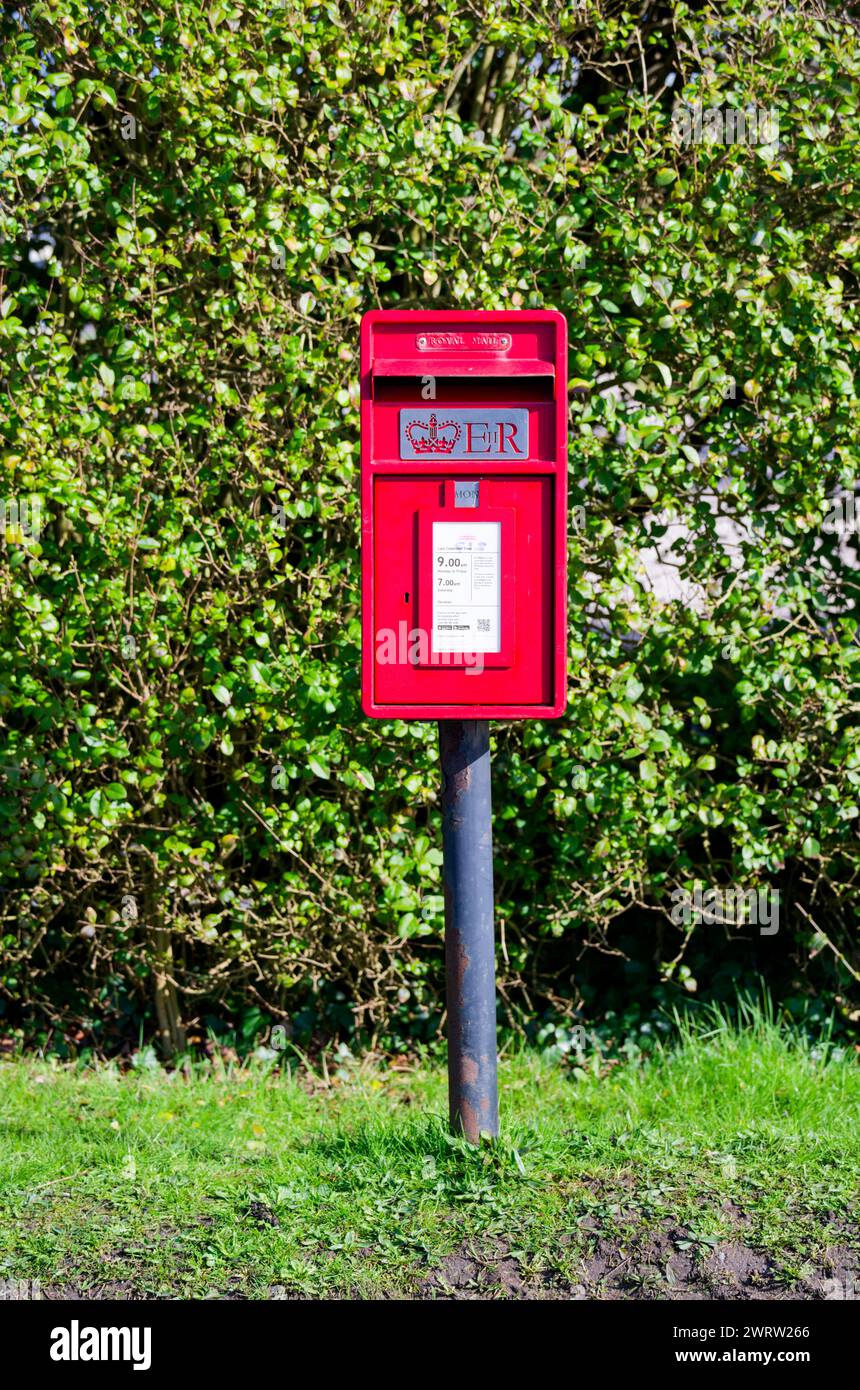 Una cassetta postale rossa su un palo su un'erba verdeggiante contro una siepe, in un villaggio rurale nel Lancashire Foto Stock