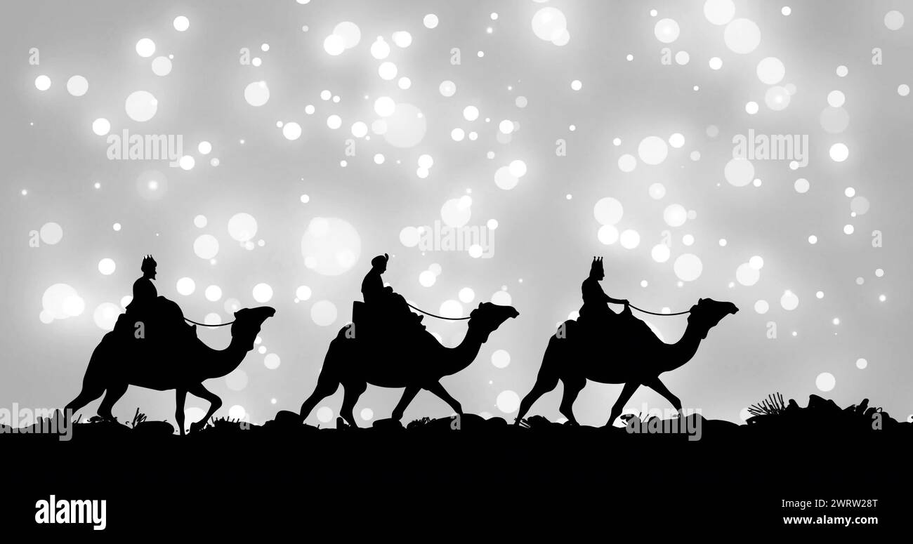 Immagine di macchie luminose su cammelli saggi natalizi su sfondo grigio Foto Stock