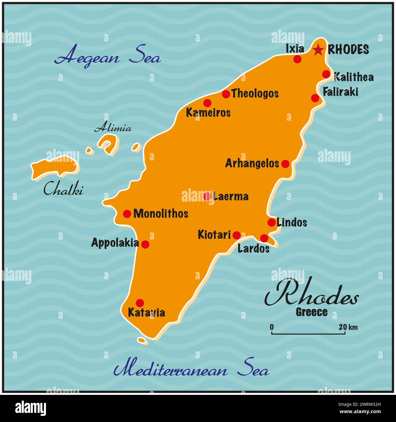 Semplice mappa vettoriale dell'isola greca di Rodi Foto Stock