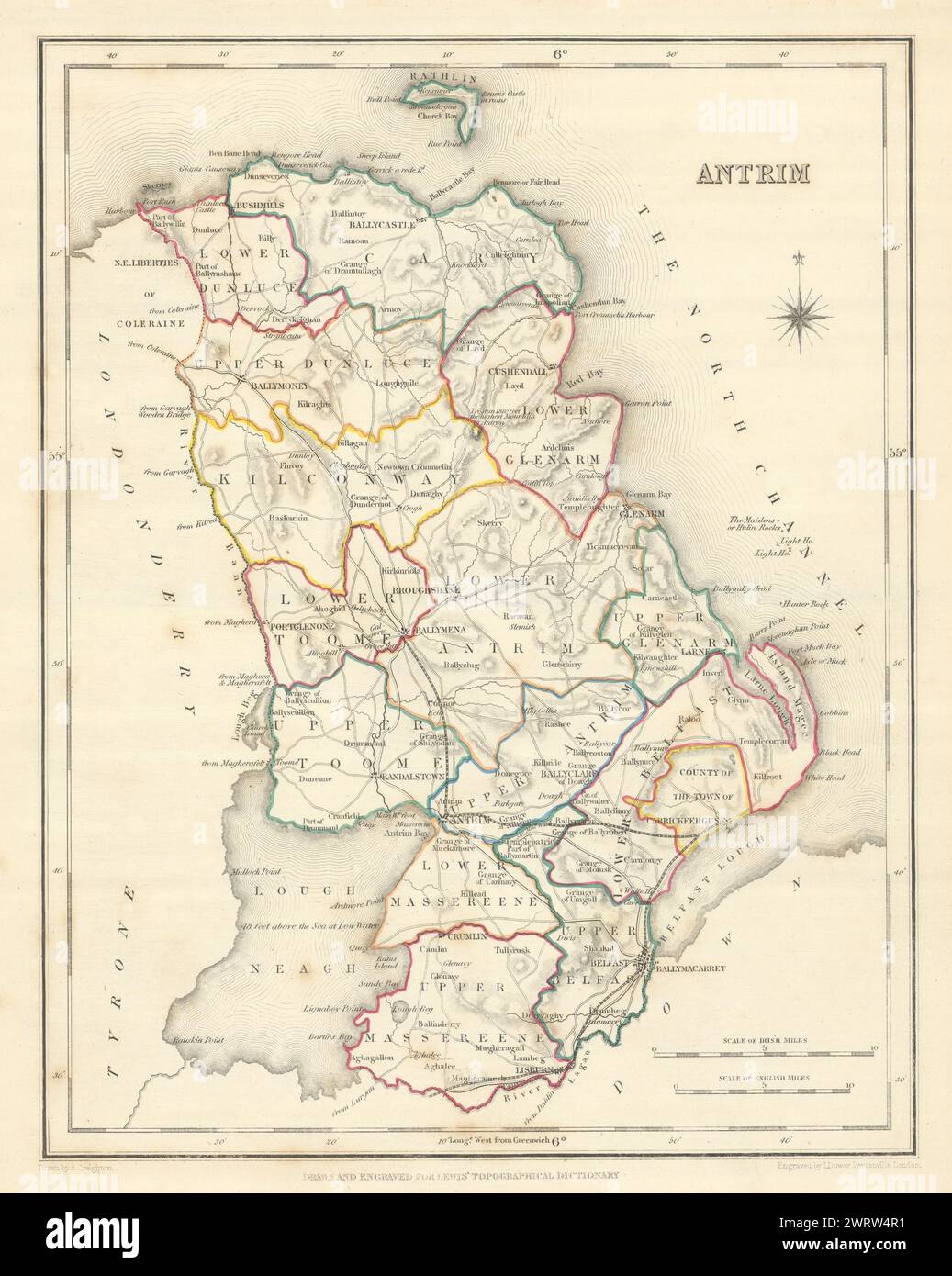 Mappa antica DELLA CONTEA DI ANTRIM per LEWIS di CREIGHTON & DOWER. Ulster 1850 anni Foto Stock