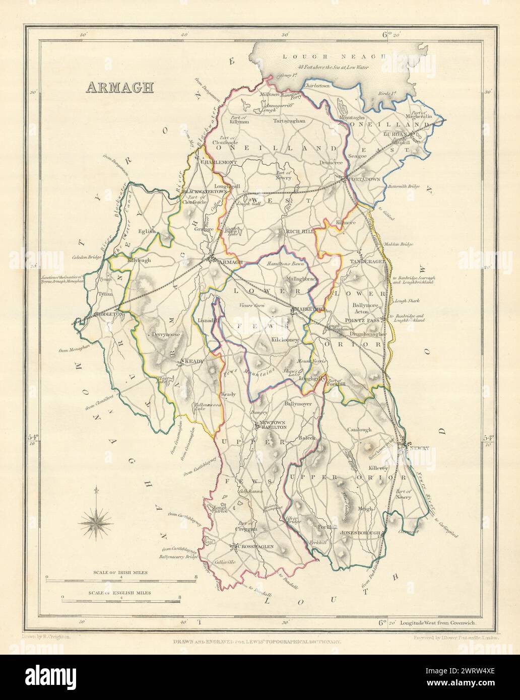 Mappa antica DELLA CONTEA DI ARMAGH per LEWIS di CREIGHTON & DOWER. Ulster 1850 anni Foto Stock