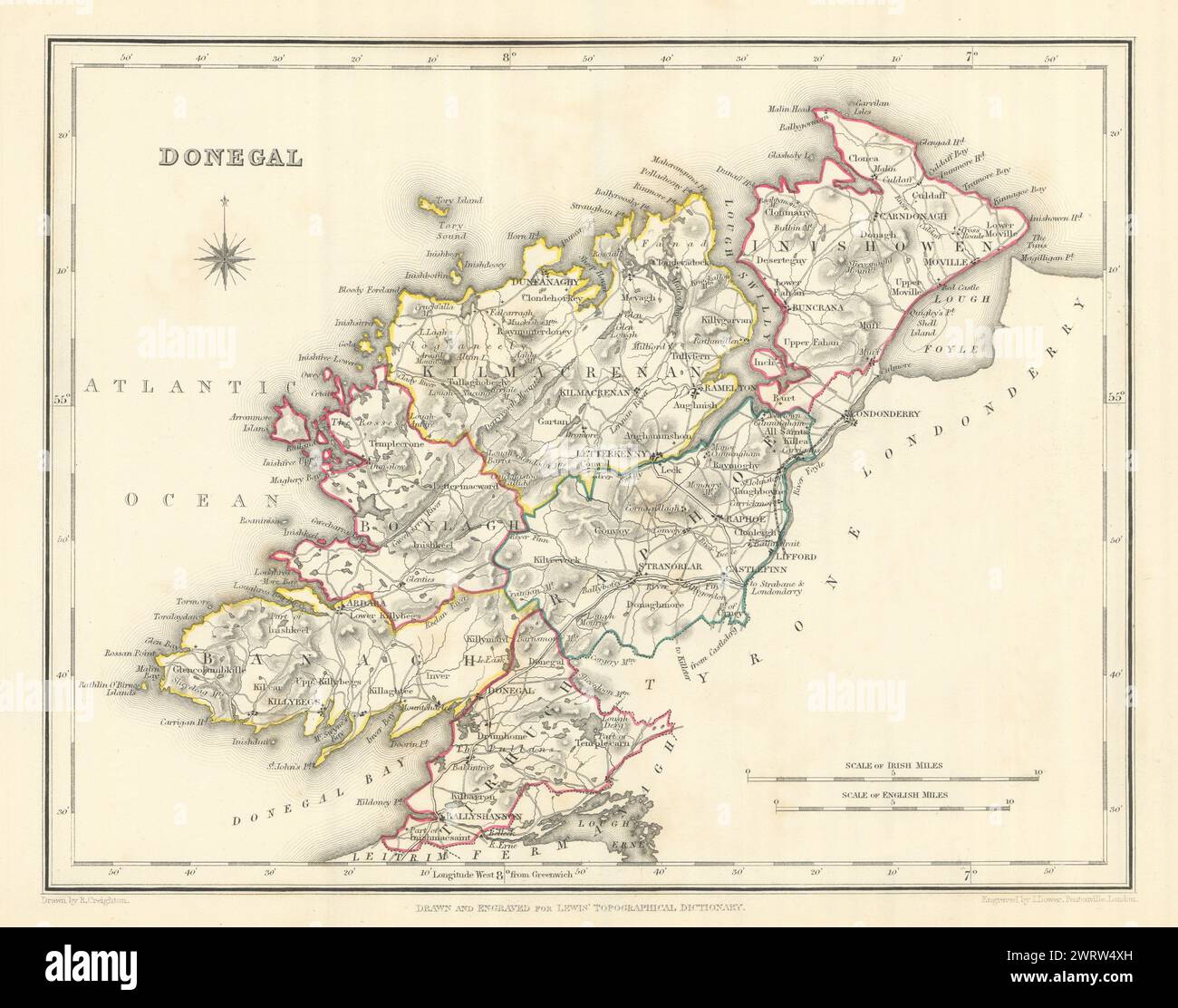 Mappa antica DELLA CONTEA DI DONEGAL per LEWIS di CREIGHTON & DOWER. Irlanda 1850 Foto Stock