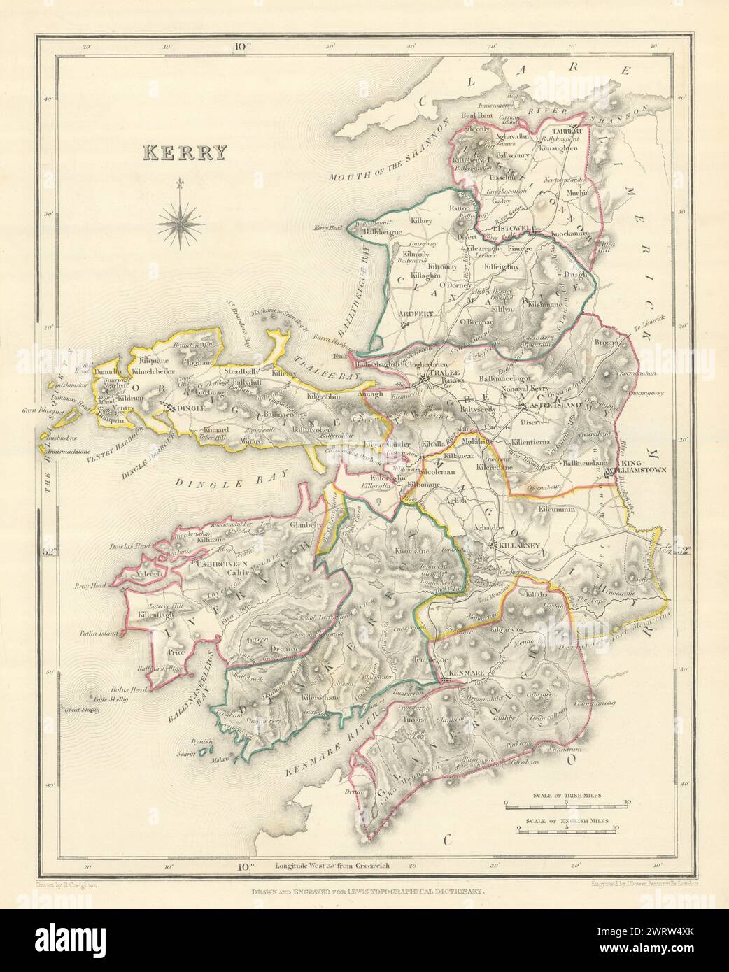 Mappa antica DELLA CONTEA DI KERRY per LEWIS di CREIGHTON & DOWER. Irlanda 1850 anni Foto Stock