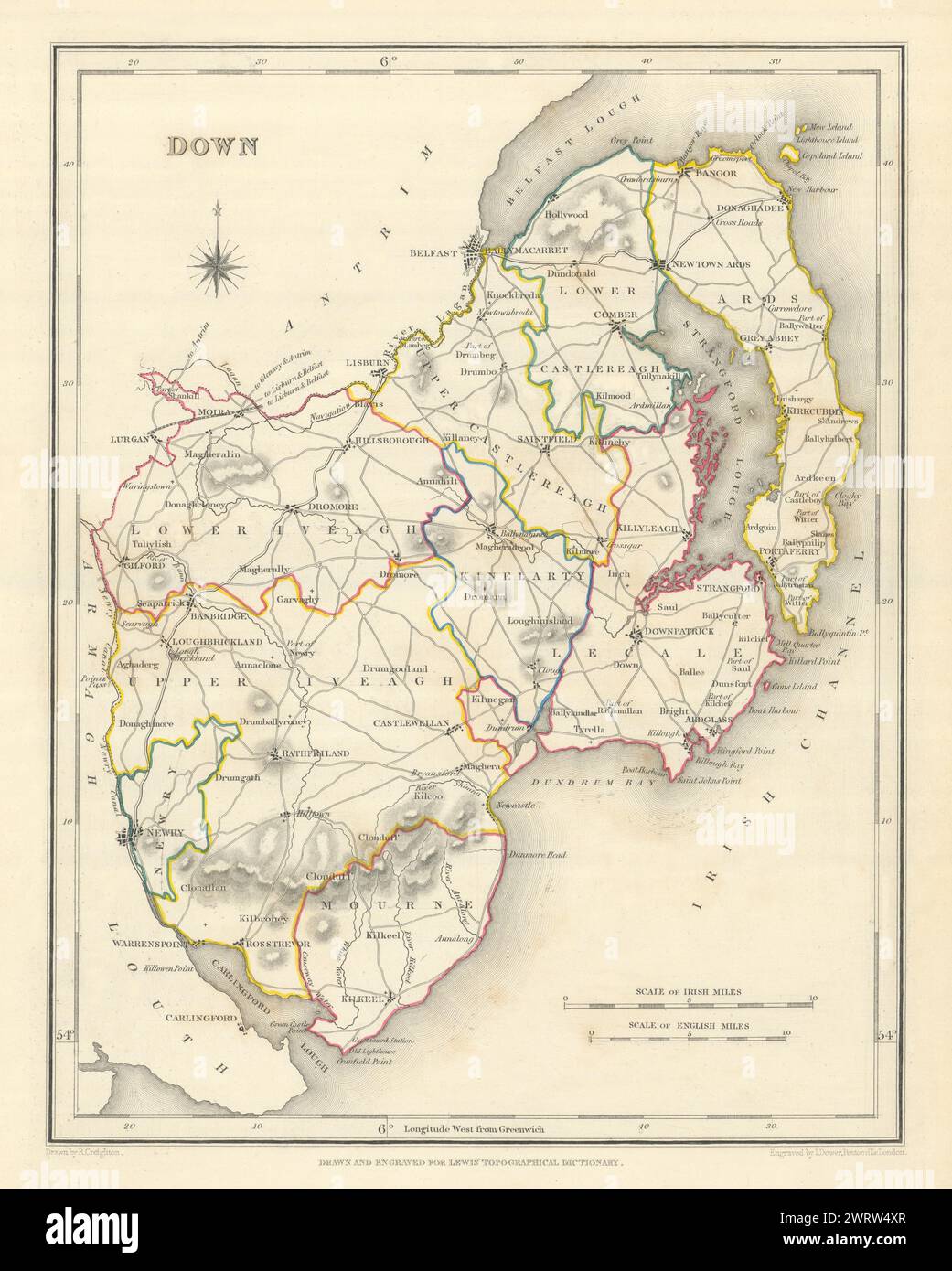 Antica mappa DELLA CONTEA DI DOWN per LEWIS di CREIGHTON & DOWER. Ulster 1850 anni Foto Stock