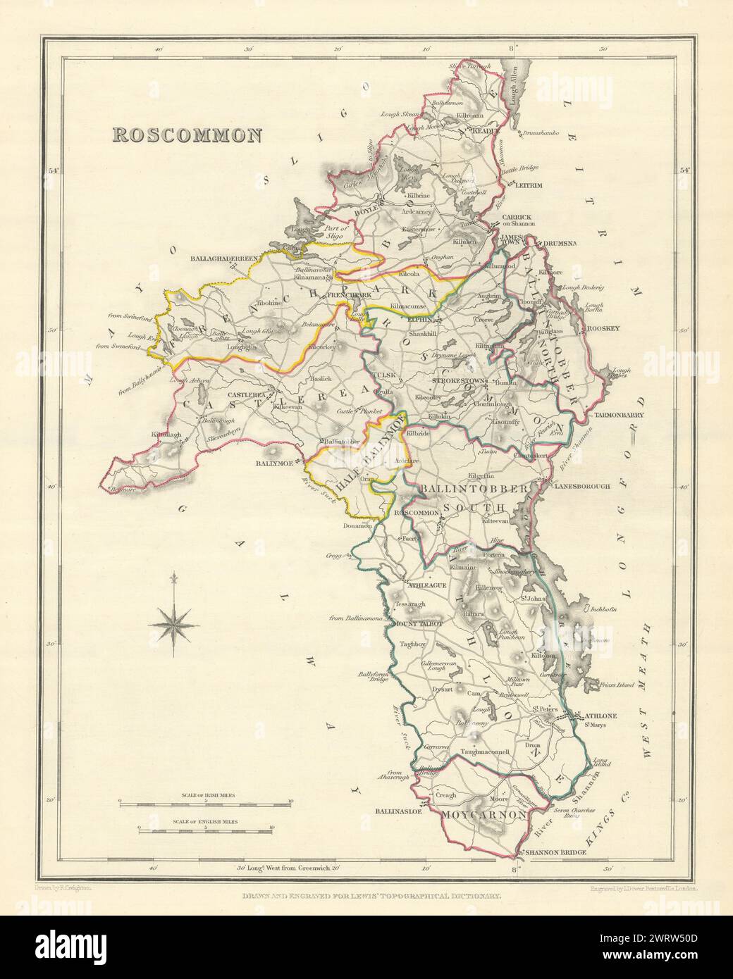 Mappa antica DELLA CONTEA DI ROSCOMMON per LEWIS di CREIGHTON & DOWER. Irlanda 1850 Foto Stock