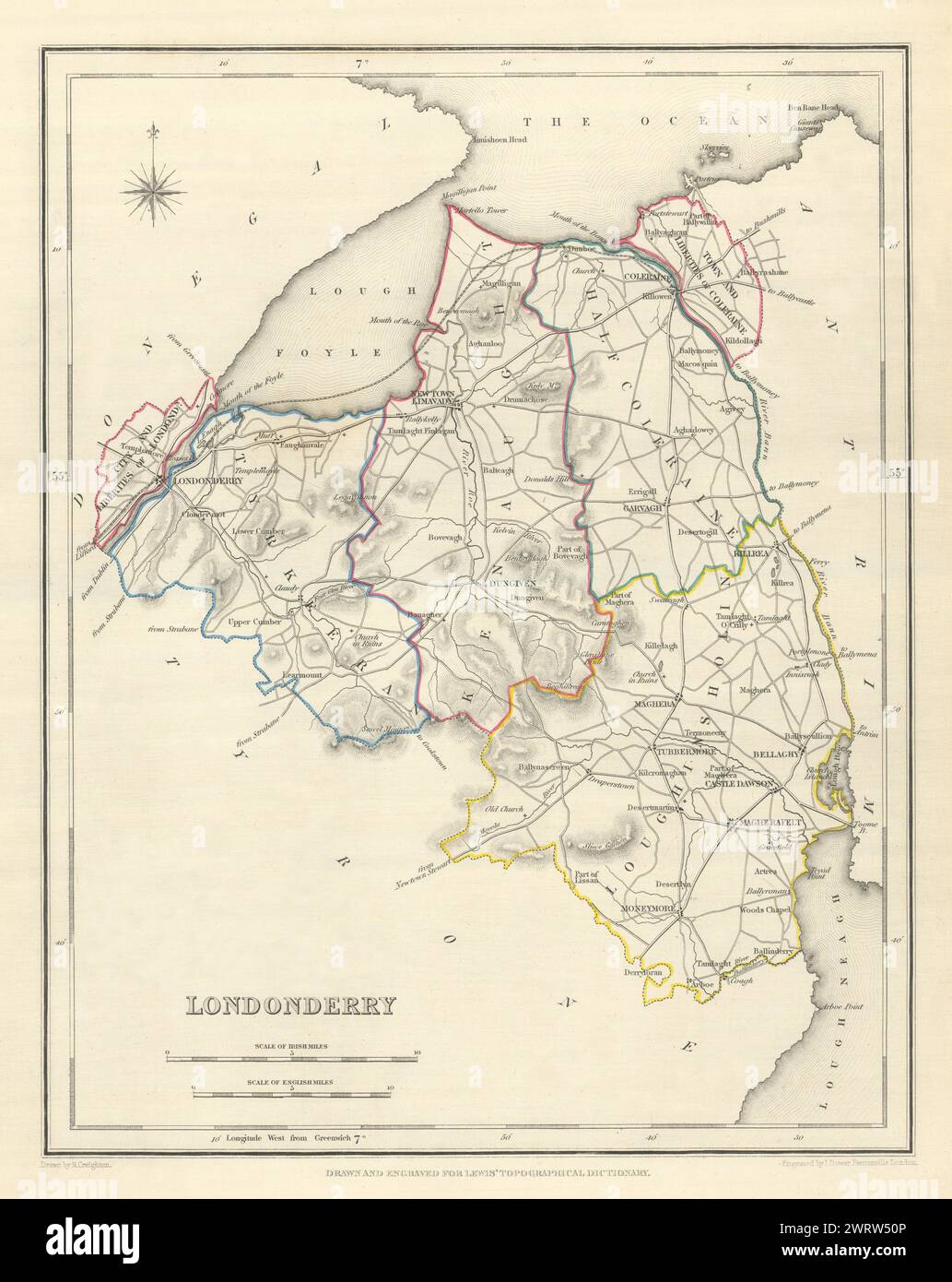 Mappa antica DELLA CONTEA DI LONDONDERRY per LEWIS di CREIGHTON & DOWER. Ulster 1850 Foto Stock