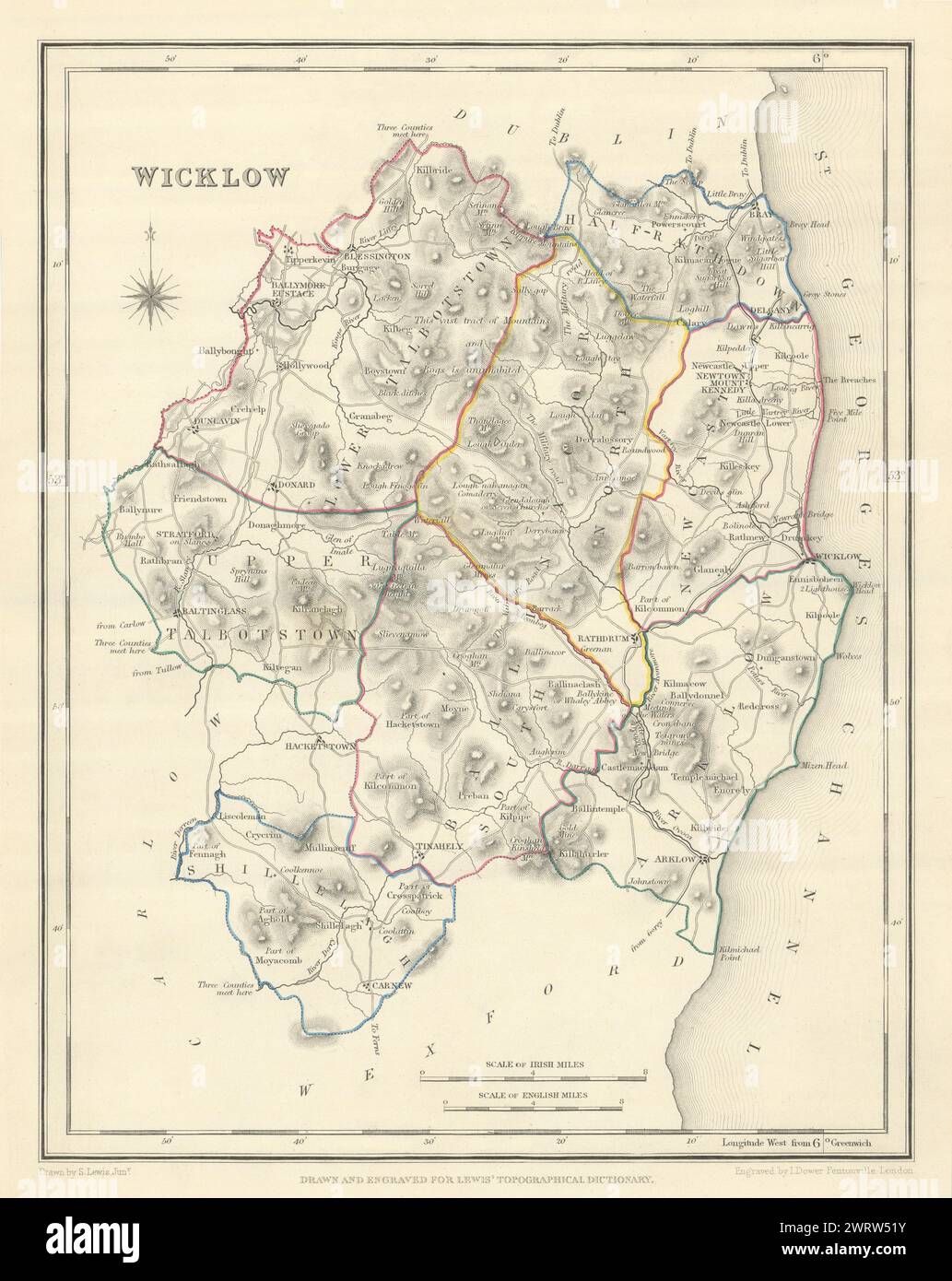 Mappa antica DELLA CONTEA DI WICKLOW per LEWIS di DOWER. Irlanda 1850 anni Foto Stock