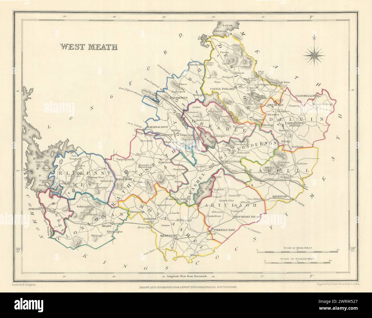 Mappa antica DELLA CONTEA DI WESTMEATH per LEWIS di CREIGHTON & DOWER. Irlanda 1850 Foto Stock