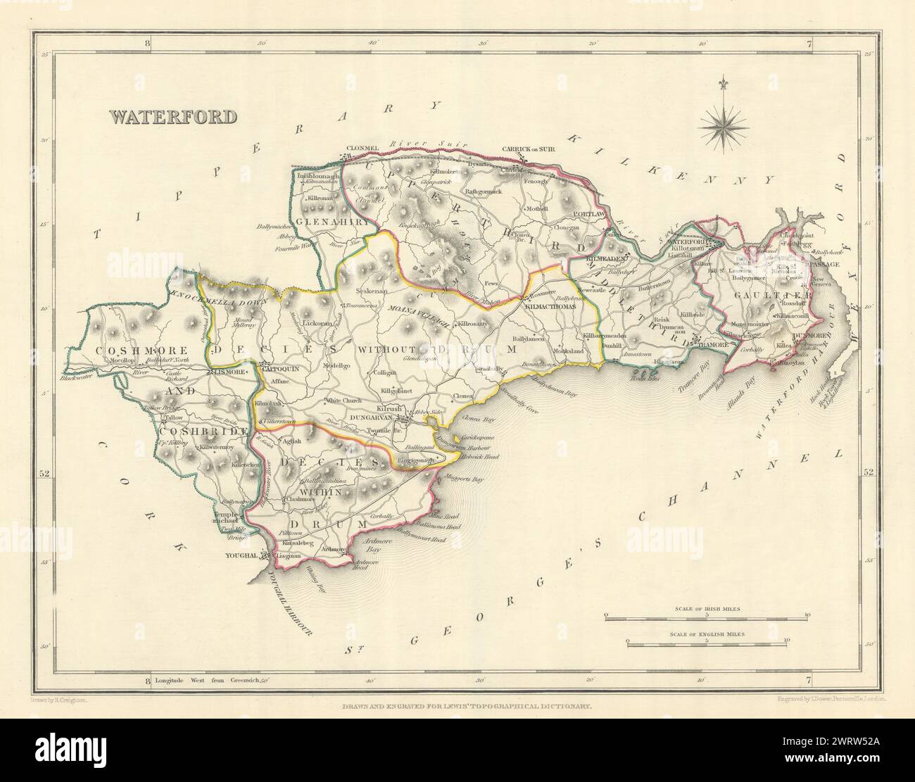 Mappa antica DELLA CONTEA DI WATERFORD per LEWIS di CREIGHTON & DOWER. Irlanda 1850 Foto Stock