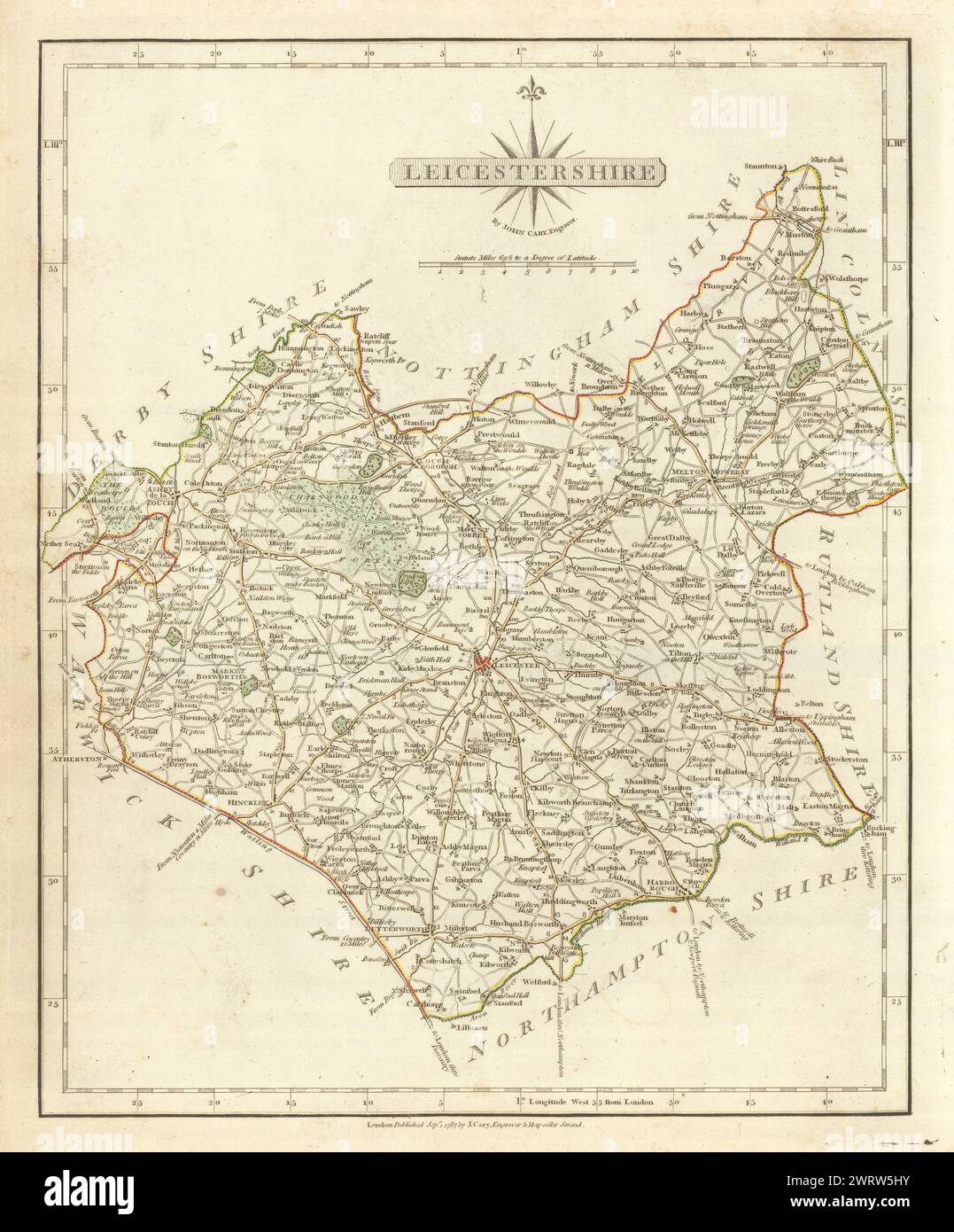 Antica mappa della contea di Leicestershire da JOHN CARY. Originale a colori di contorno 1793 Foto Stock