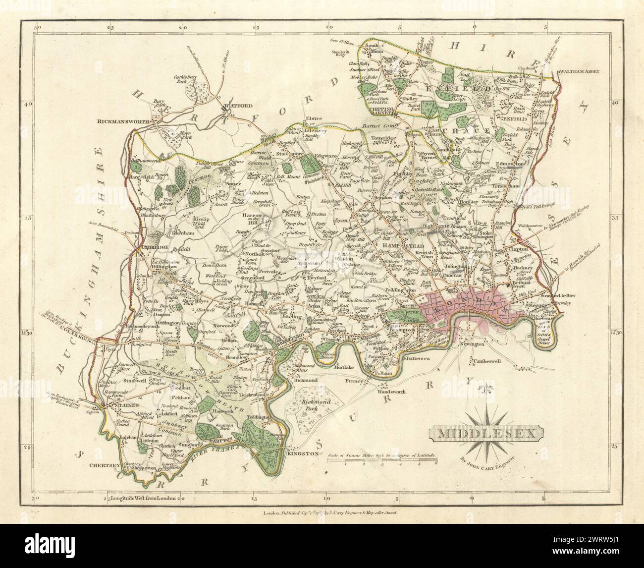 Antica mappa della contea di MIDDLESEX DA JOHN CARY. Originale a colori di contorno 1793 Foto Stock