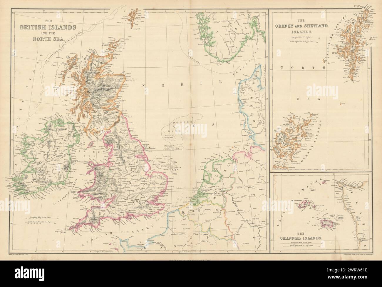 Isole britanniche e Mare del Nord. Isole Orcadi, Shetland e Channel. Mappa Weller 1860 Foto Stock