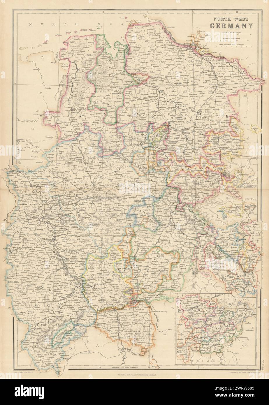 Germania nord-occidentale. Hannover, Prussia renana, Nassau, Assia. Mappa WELLER 1860 Foto Stock