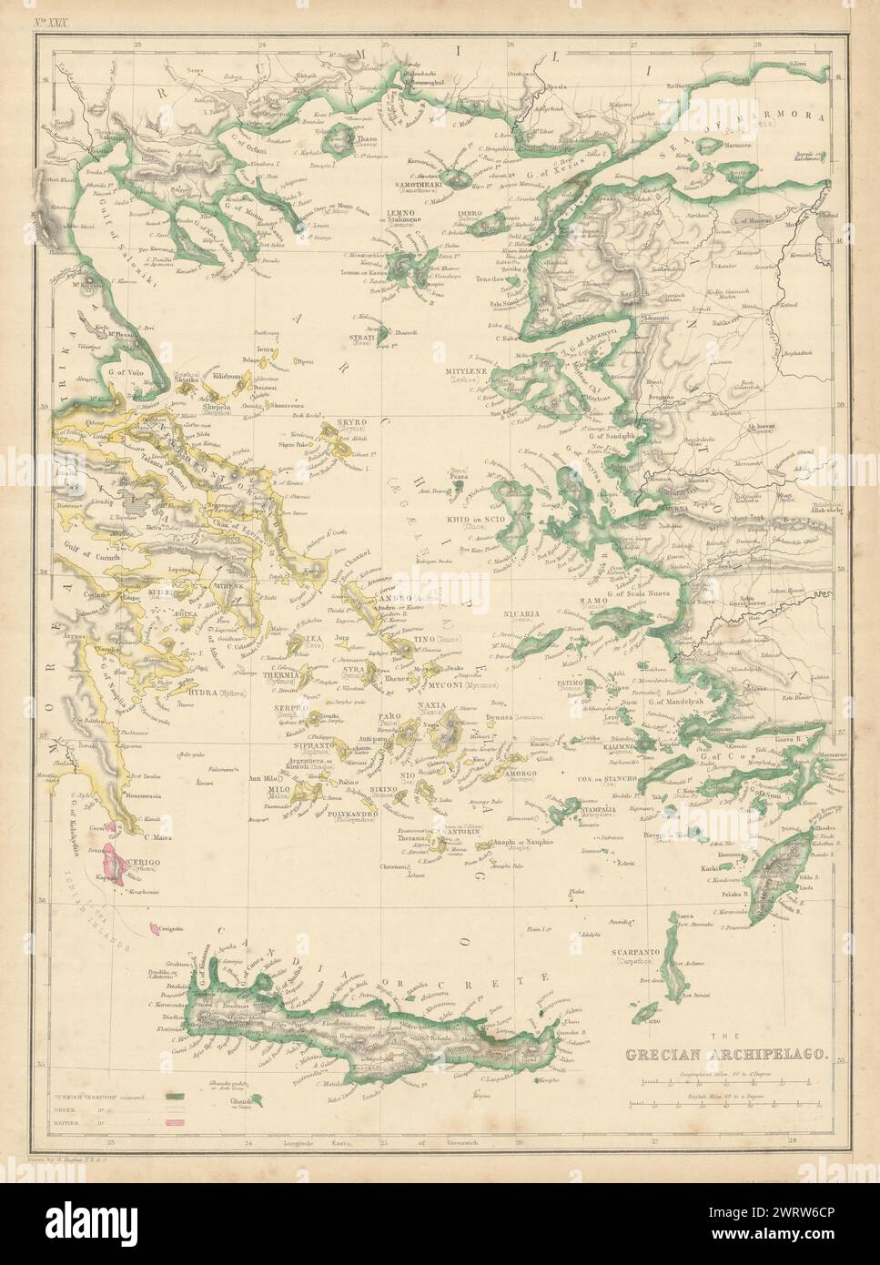 Arcipelago Grecian. Isole greche dell'Egeo Cicladi Dodecaneso. Mappa DI HUGHES 1860 Foto Stock