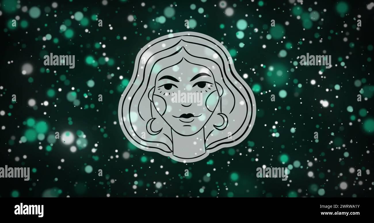 Immagine della faccia da fanciulla con il segno zodiacale della vergine contro i brillamenti della lente illuminata fluttuante Foto Stock