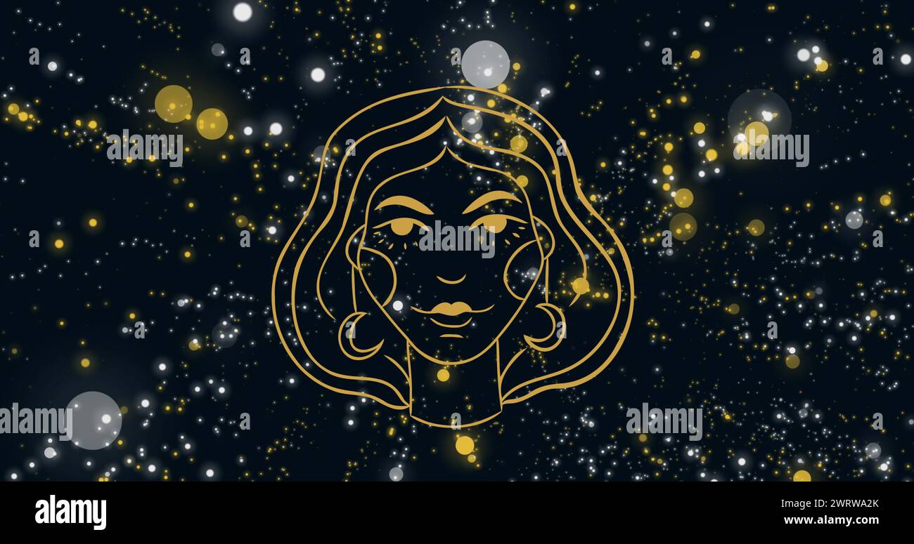 Immagine del volto della donna che rappresenta il segno zodiacale della vergine contro i brillamenti fluttuanti della lente illuminata Foto Stock