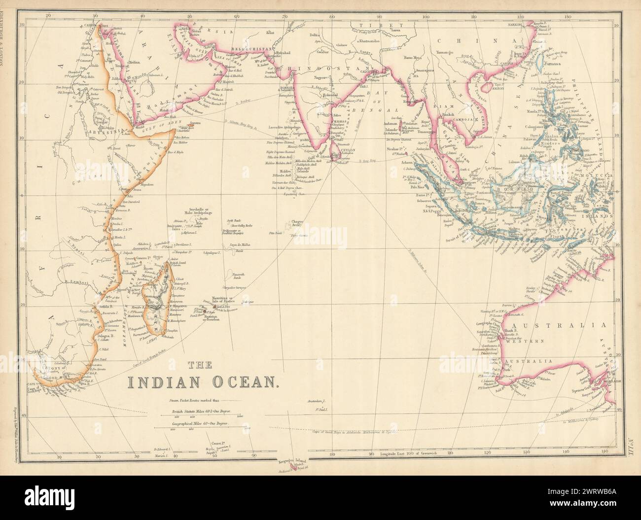 Oceano Indiano che mostra le rotte a vapore verso India, Cina e Australia. Mappa WELLER 1860 Foto Stock