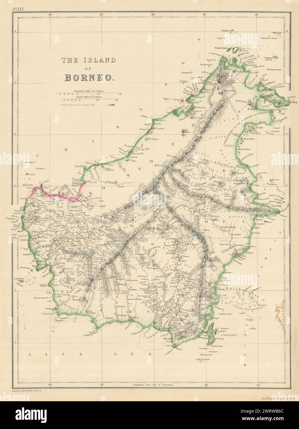 L'isola del Borneo di Edward Weller. Sarawak Sabah Brunei Kalimantan 1860 mappa Foto Stock