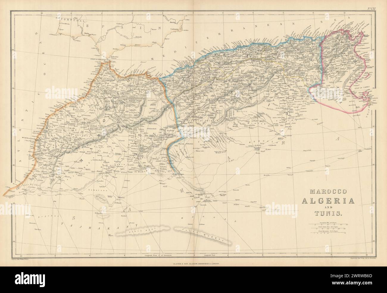 Marocco, Algeria e Tunisi di Edward Weller. Marocco Maghreb 1860 vecchia mappa Foto Stock