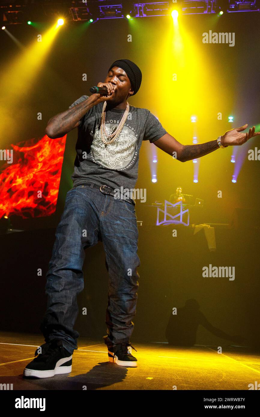 Il musicista Meek Mill si esibisce al MMG Tour di Providence, Rhode Island, USA al Dunkin' Donuts Center, che ora è chiamato amica Mutual Pavilion. Foto Stock
