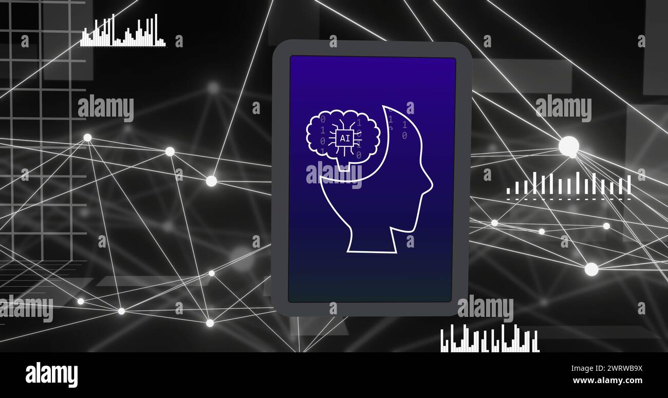 Immagine della rete di connessioni e icone ai su sfondo nero Foto Stock