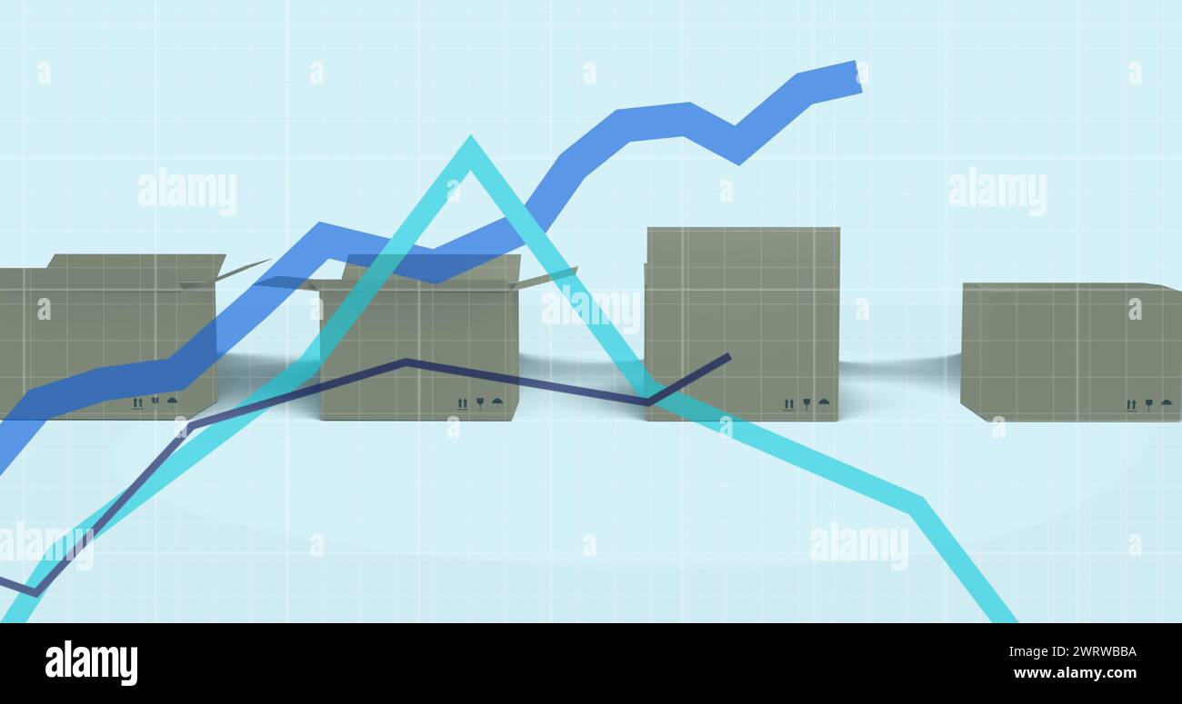 Immagine di linee blu che si spostano verso l'alto sopra le scatole di cartone e griglia Foto Stock