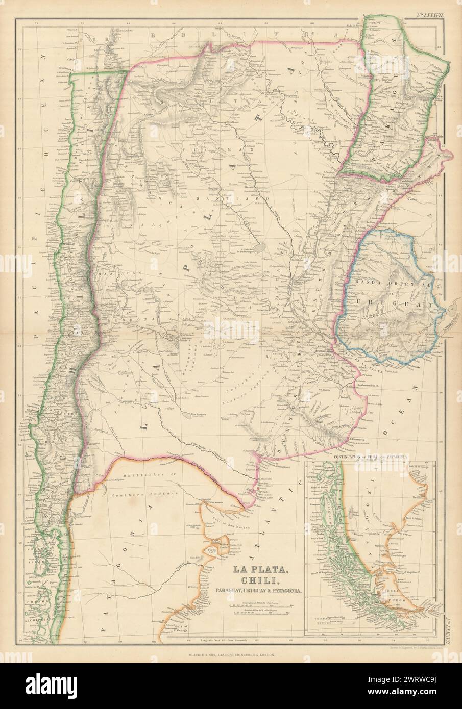 La Plata, Chili, Paraguay, Uruguay… Argentina Cile. BARTHOLOMEW 1860 vecchia mappa Foto Stock