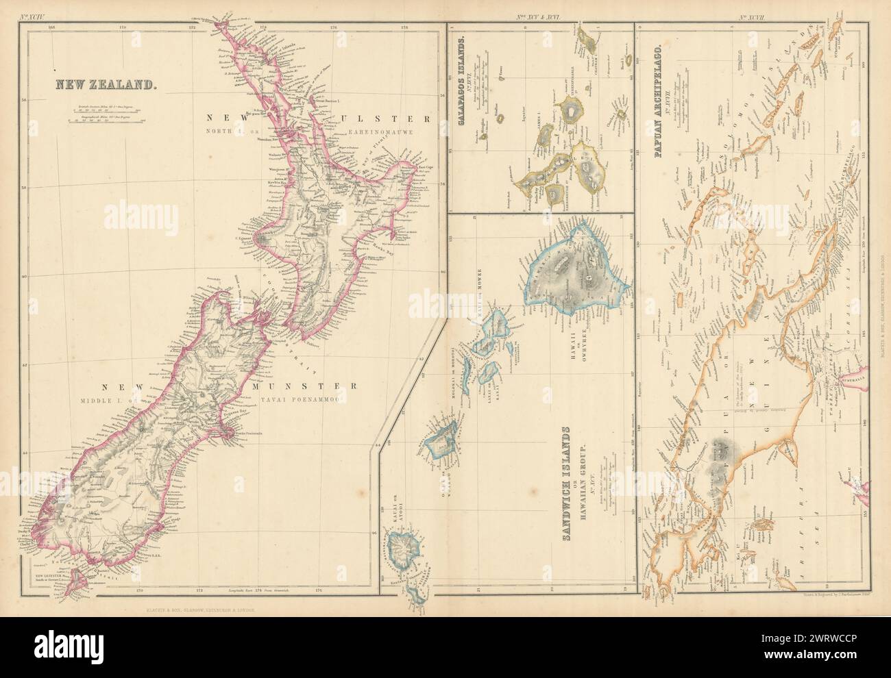 Isole Sandwich Galapagos della nuova Zelanda. Arcipelago papuano. Mappa Melanesia 1860 Foto Stock