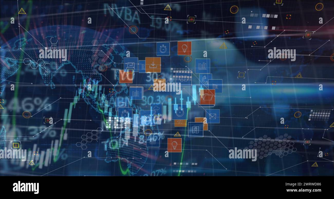 Immagine di icone grafiche e multimediali sull'elaborazione dei dati su sfondo nero Foto Stock