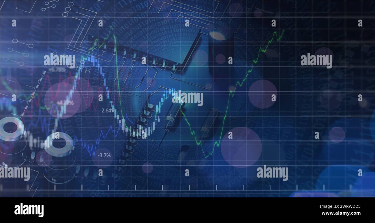 Immagine di grafici e grafici che elaborano i dati sulla scheda madre del computer Foto Stock