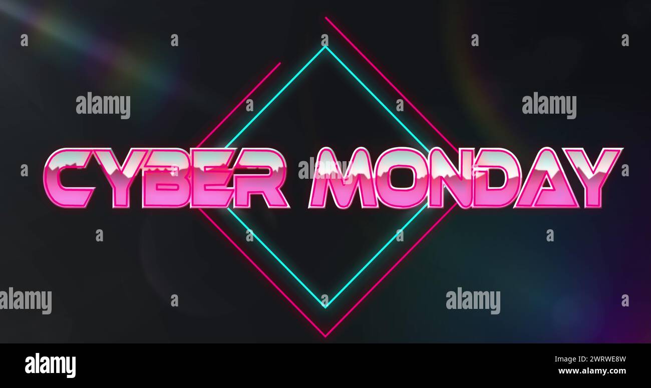 Immagine del testo del cyber monday su tracce di luce e macchie su sfondo nero Foto Stock