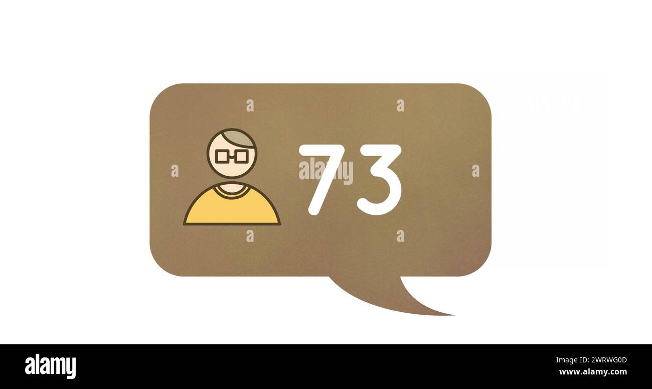 Immagine digitale di numeri in aumento e icona umana all'interno di una chat box marrone su sfondo bianco 4 Foto Stock