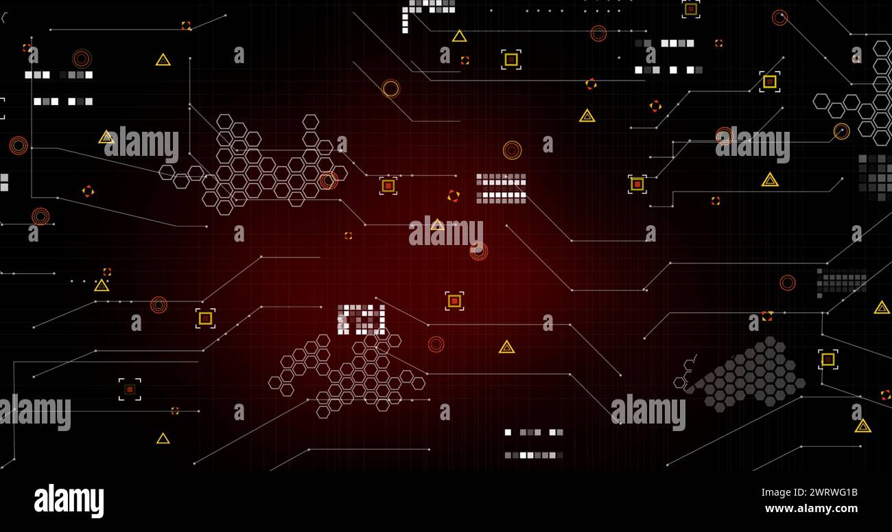 Immagine dei marcatori ed elaborazione dei dati su sfondo rosso Foto Stock