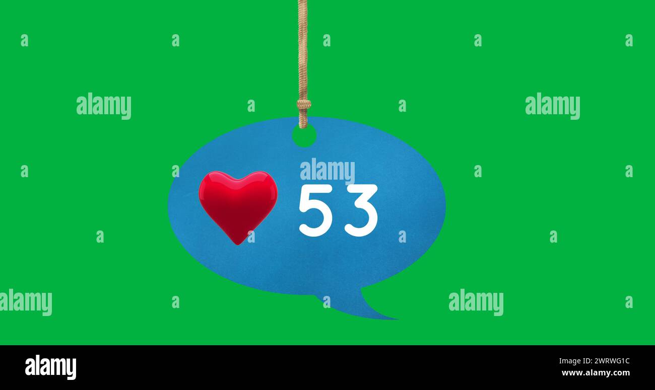 Immagine digitale di un'icona a forma di cuore e numeri che aumentano all'interno di un palloncino blu legato su un verde Foto Stock
