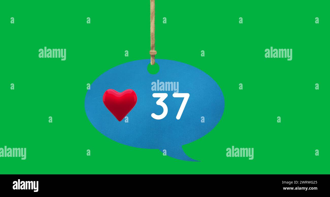 Immagine digitale di un'icona a forma di cuore e numeri che aumentano all'interno di un palloncino blu legato su un verde Foto Stock