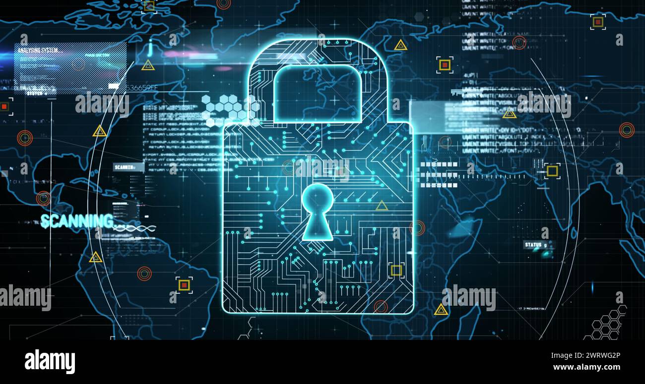 Immagine del lucchetto di sicurezza online, dei marcatori e dell'elaborazione dei dati sulla mappa mondiale Foto Stock