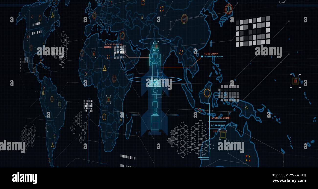 Immagine digitale dell'interfaccia con elaborazione dati su mappa mondiale su sfondo nero Foto Stock