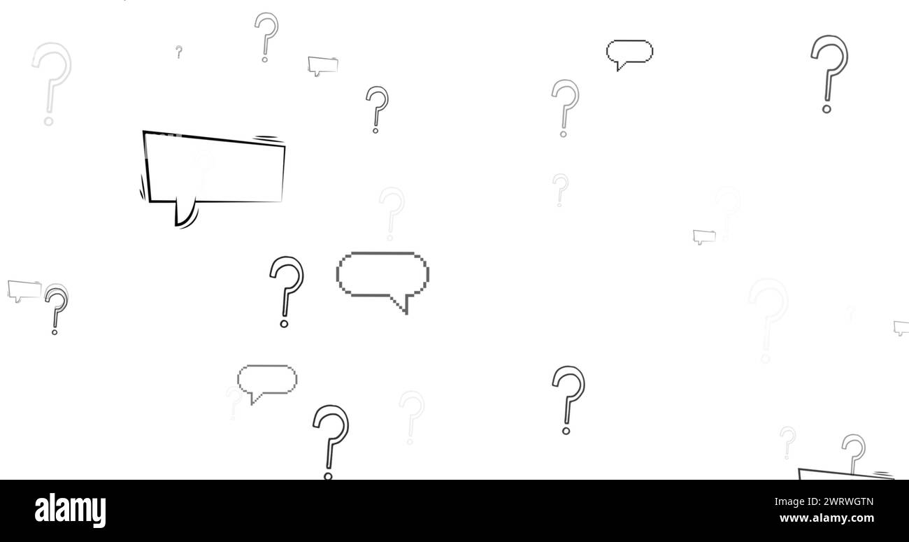 Immagine dei fumetti sopra i punti interrogativi su sfondo bianco Foto Stock
