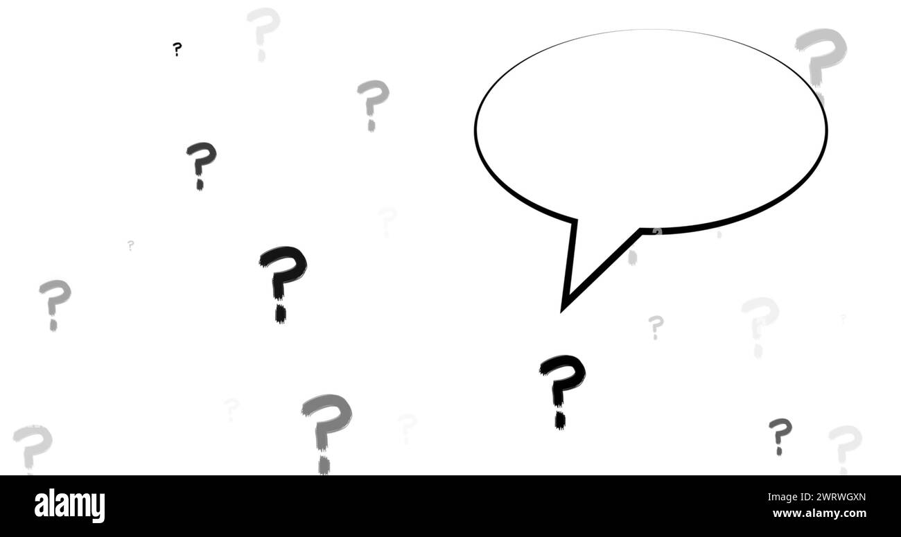 Immagine del fumetto sopra i punti interrogativi su sfondo bianco Foto Stock