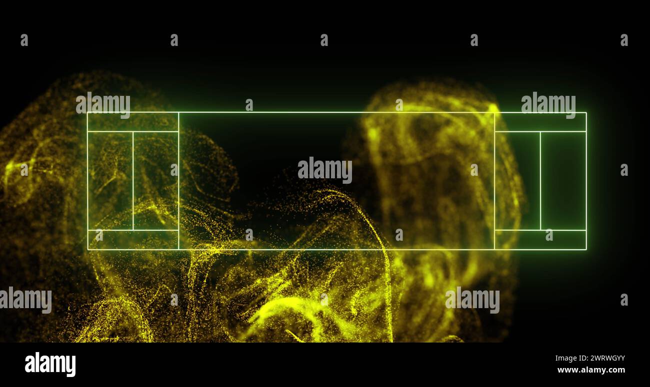 Immagine dei contrassegni della linea del campo sportivo su una nuvola di particelle gialla su sfondo nero Foto Stock