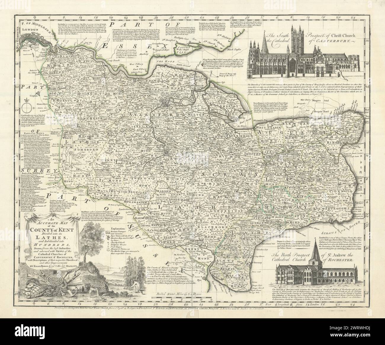 Una mappa accurata della contea di Kent divisa nei suoi torni… Di e Bowen 1762 Foto Stock