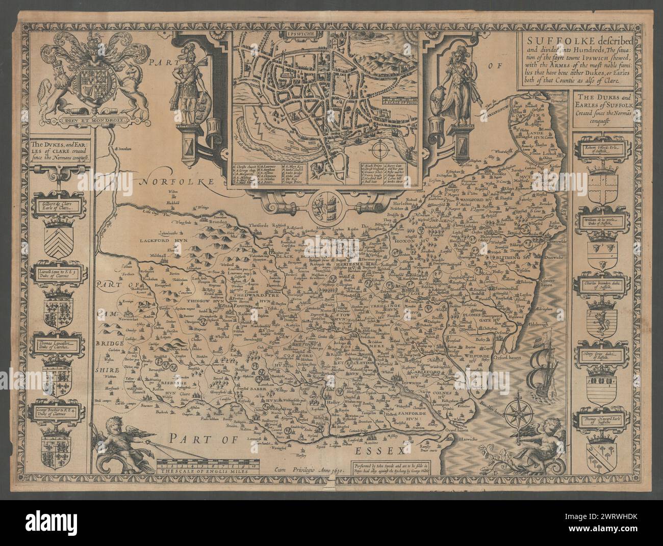 Suffolke ha descritto. Mappa della contea di Suffolk di John Speed. George Humble edizione 1611 Foto Stock