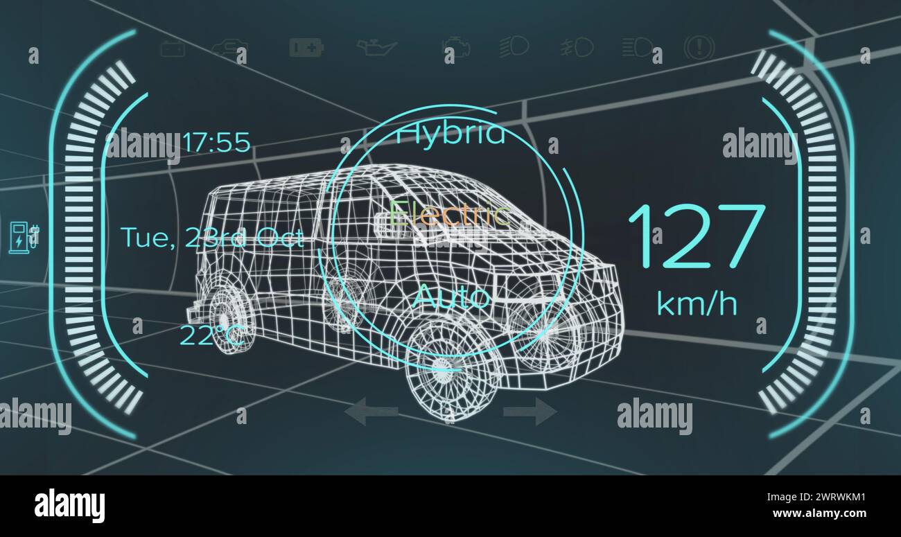 Immagine dell'interfaccia auto su un modello di furgone digitale su sfondo nero Foto Stock