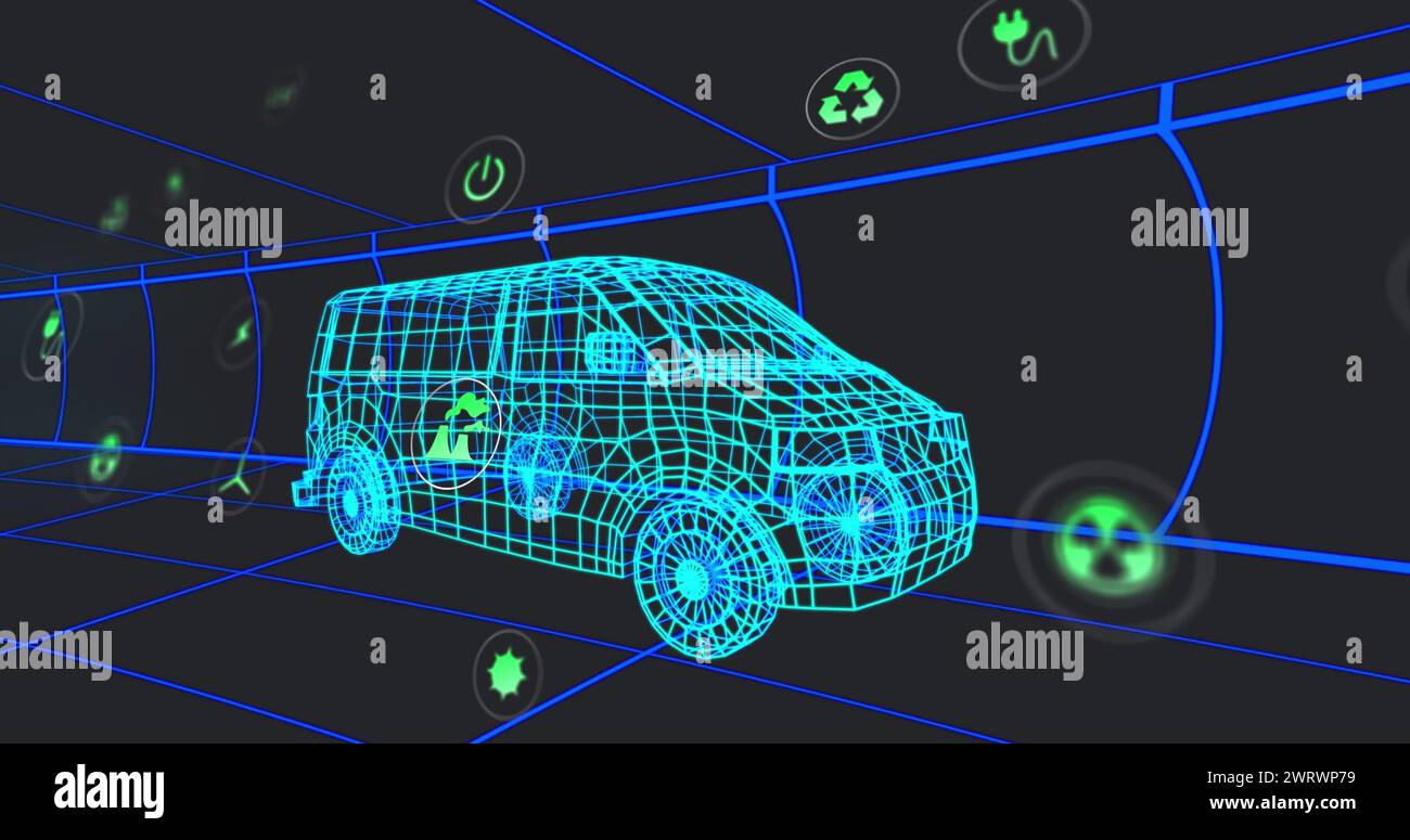 Immagine di più icone digitali su un modello di furgone 3d che si muove in un tunnel con un motivo uniforme Foto Stock