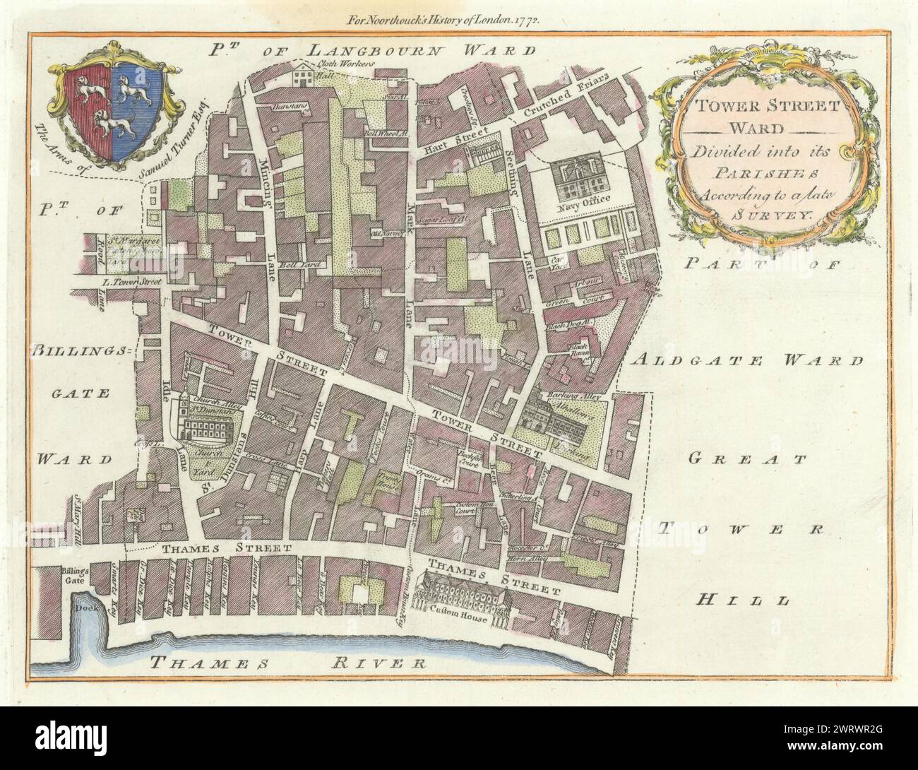 Tower Street Ward. Città di Londra. Thames St Contrassegnare le corsie di triturazione. BOWEN 1772 cartina Foto Stock