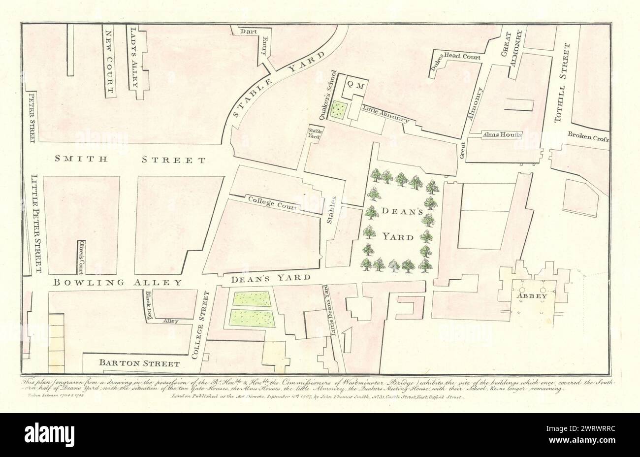 Plan of Dean's Yard, Smith Street e Westminster Abbey, 1734. J.T. SMITH mappa del 1807 Foto Stock